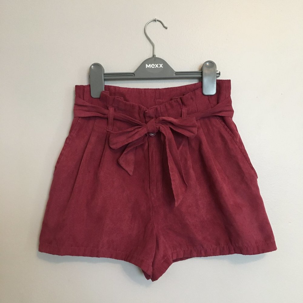 H&M high-waisted, paper bag tie shorts, faux suede